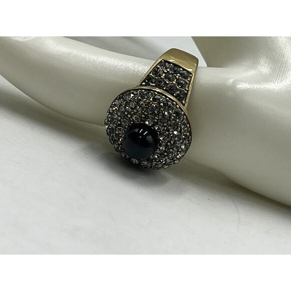 Heidi Daus Antiqued Gold Tone Black Faux Pearl Pave Crystal Cocktail Ring Sz 9.5 - Picture 2 of 9